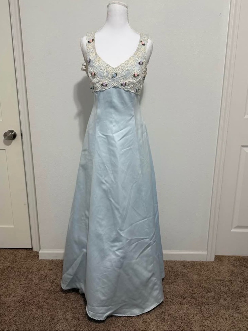 Roberta Bridal Light Blue Maxi Dress with Cream Lace Bodice